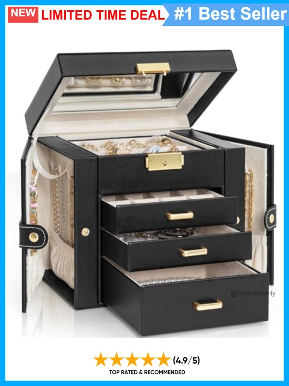 4-Tier Jewelry Box 3 Drawers Lockable Mirror Organizer Faux Leather